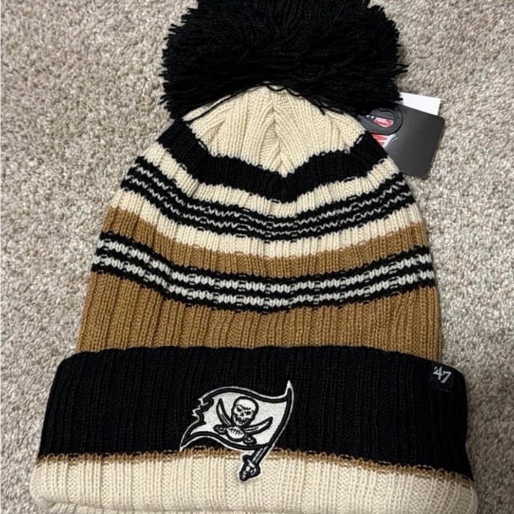 Tampa Bay Buccaneers Black and Brown Striped Beanie with Pom